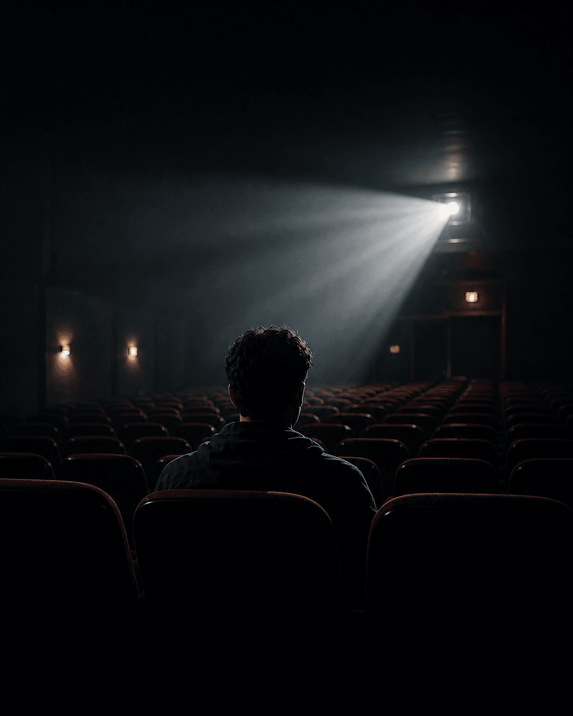 Pessoa sentada sozinha em uma sala de cinema, vista de costas